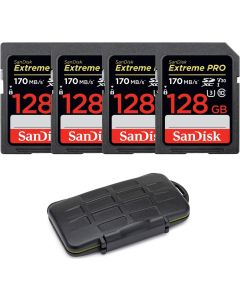 SanDisk 128GB Extreme PRO 170 MB/s UHS-I SDXC Memory Card (4-Pack) Bundle with Storage Carrying Case (5 Items)