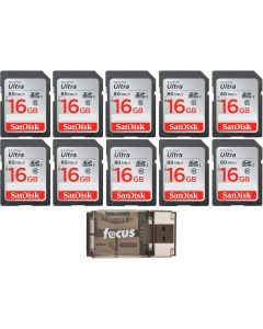 SanDisk Ultra 16GB Class SD Memory Card (10-Pack) with Focus All-in-One High Speed USB Reader Bundle (11 Items)
